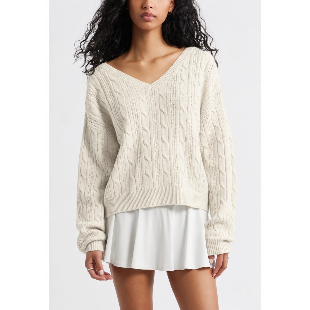 NWT BP. Women's Bow Back Cable Knit Sweater M Ivory Black Bow V-Neck Cropped
